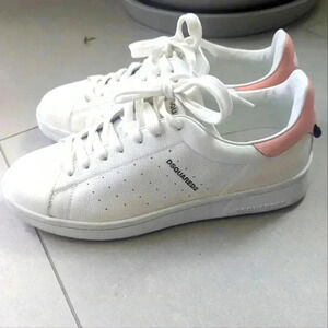 DSQUARED2 White & Pink Leather Lace Up Sneakers w Rubber Sole - size 39 like new
